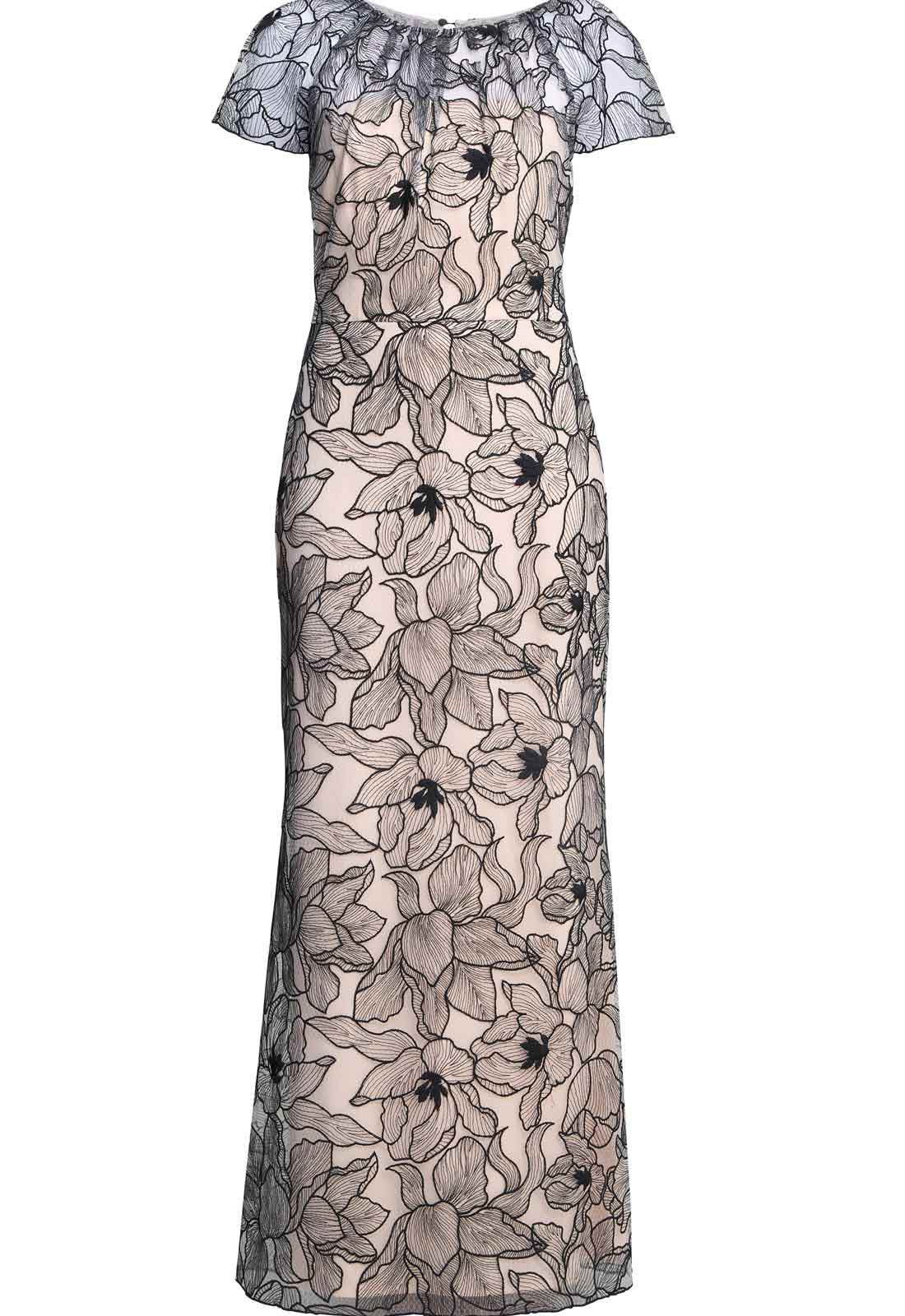 Gina Bacconi Black / White Marie-Claire Floral Embroidered Mesh Maxi Dress