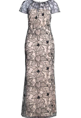Gina Bacconi Black / White Marie-Claire Floral Embroidered Mesh Maxi Dress