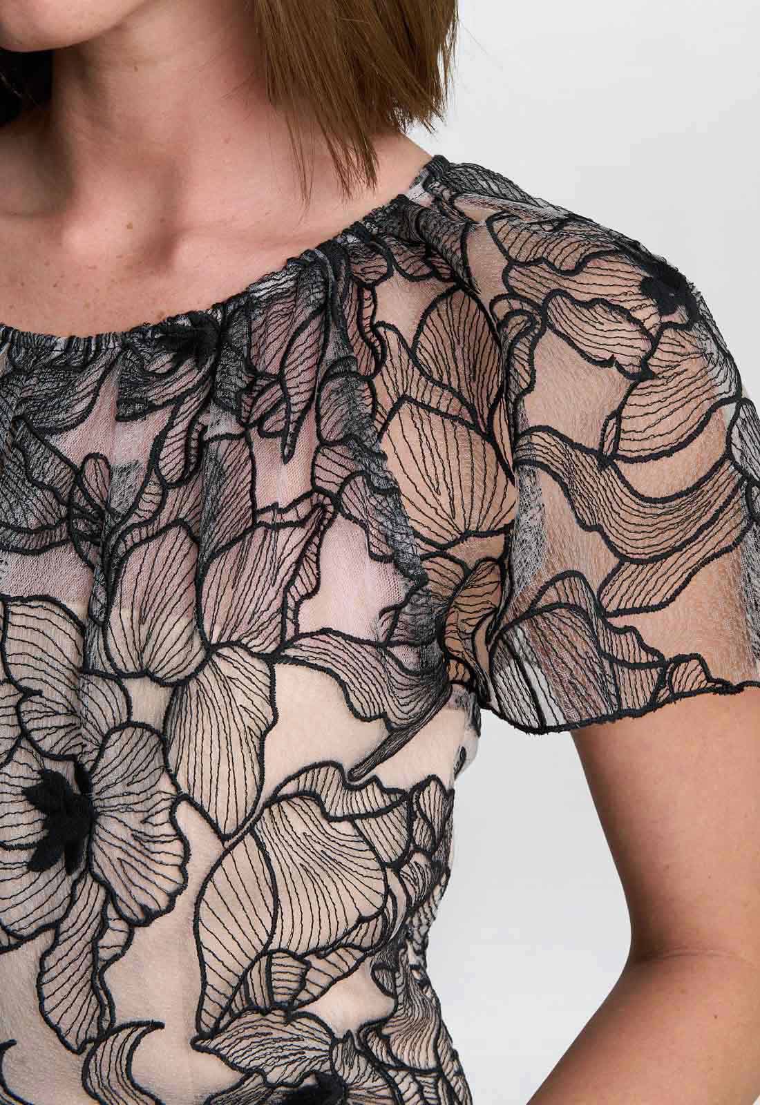 Gina Bacconi Black / White Marie-Claire Floral Embroidered Mesh Maxi Dress