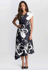 Gina Bacconi Black / Cream Maude Floral Print Asymmetrical Midi Dress