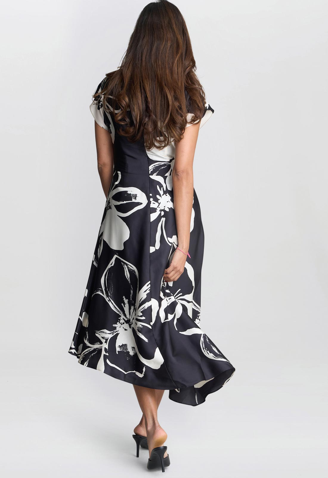 Gina Bacconi Black / Cream Maude Floral Print Asymmetrical Midi Dress