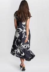 Gina Bacconi Black / Cream Maude Floral Print Asymmetrical Midi Dress