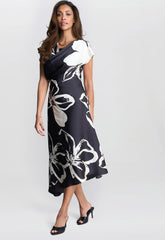 Gina Bacconi Black / Cream Maude Floral Print Asymmetrical Midi Dress