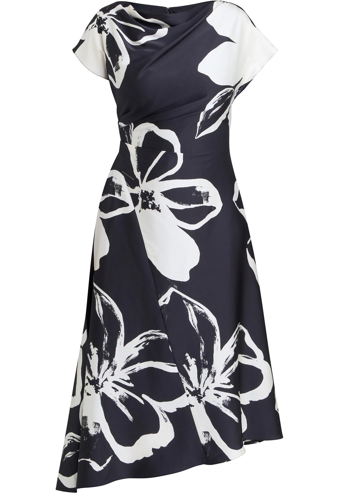 Gina Bacconi Black / Cream Maude Floral Print Asymmetrical Midi Dress