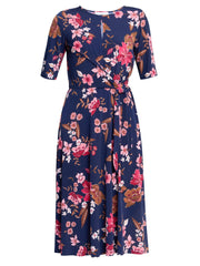 Gina Bacconi Navy / Red Lou Floral Print Midi Dress