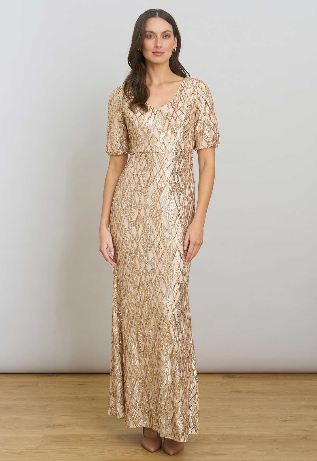 Gina Bacconi Gold Pat Sequin Maxi Dress