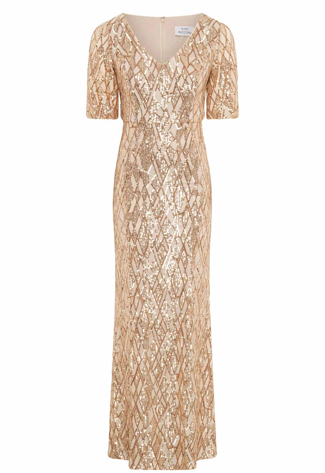 Gina Bacconi Gold Pat Sequin Maxi Dress