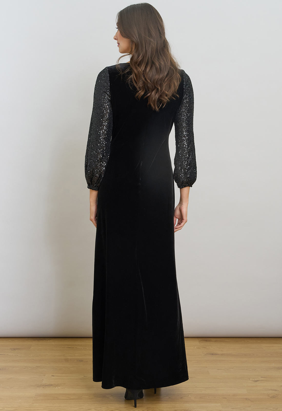 Gina Bacconi Black Pauline Velvet Maxi Dress With Sequin Sleeves