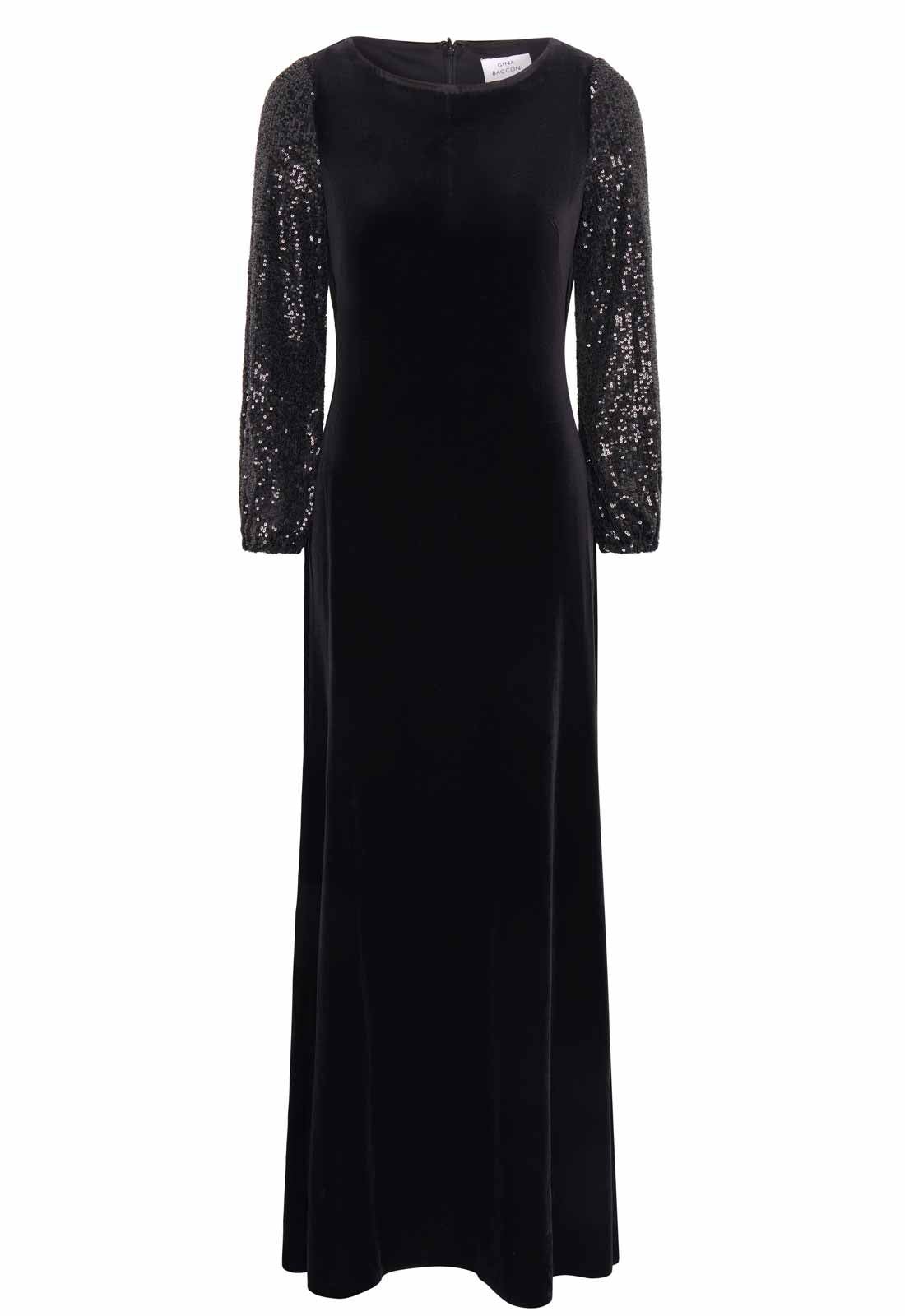 Gina Bacconi Black Pauline Velvet Maxi Dress With Sequin Sleeves
