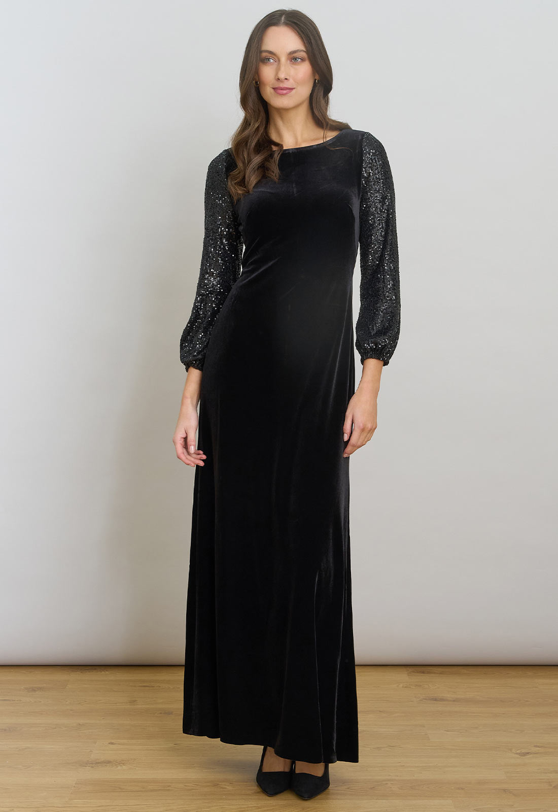 Gina Bacconi Black Pauline Velvet Maxi Dress With Sequin Sleeves