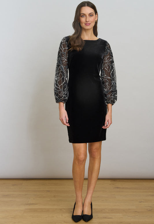 Gina Bacconi Black / Silver Sky Velvet Dress With Sheer Embroidered Sleeves