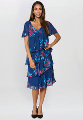Gina Bacconi Navy / Multi Talie Tiered Floral Chiffon Dress