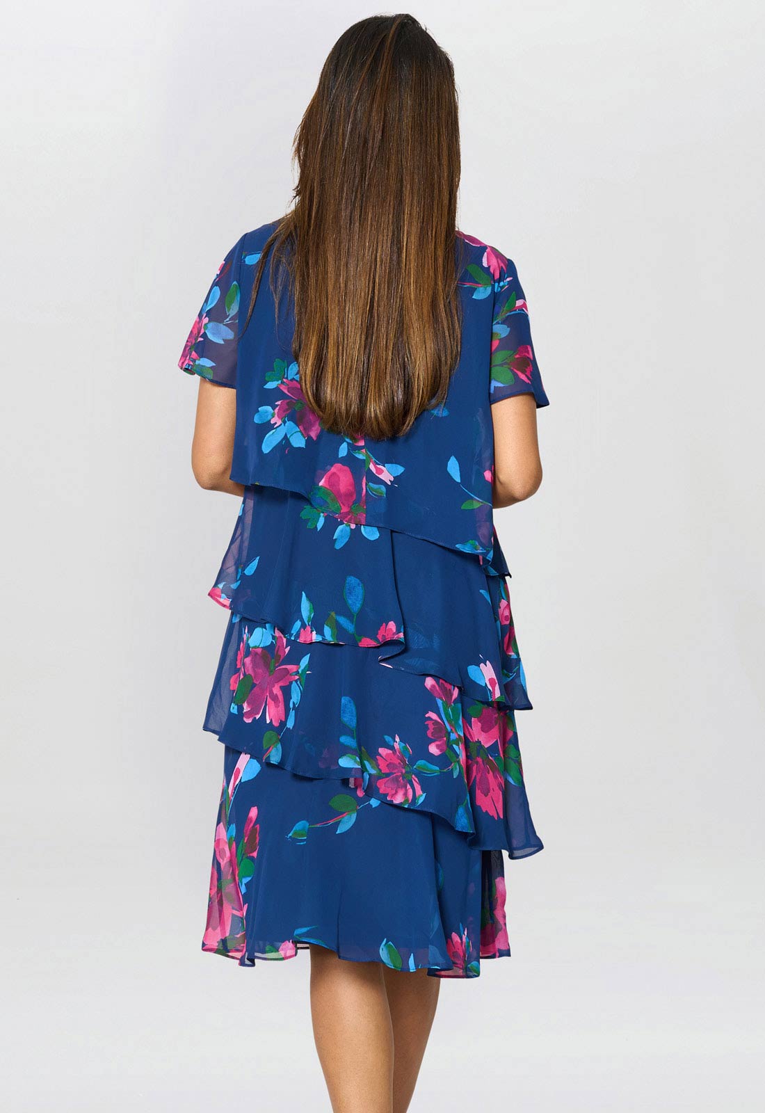 Gina Bacconi Navy / Multi Talie Tiered Floral Chiffon Dress