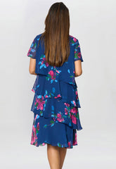 Gina Bacconi Navy / Multi Talie Tiered Floral Chiffon Dress