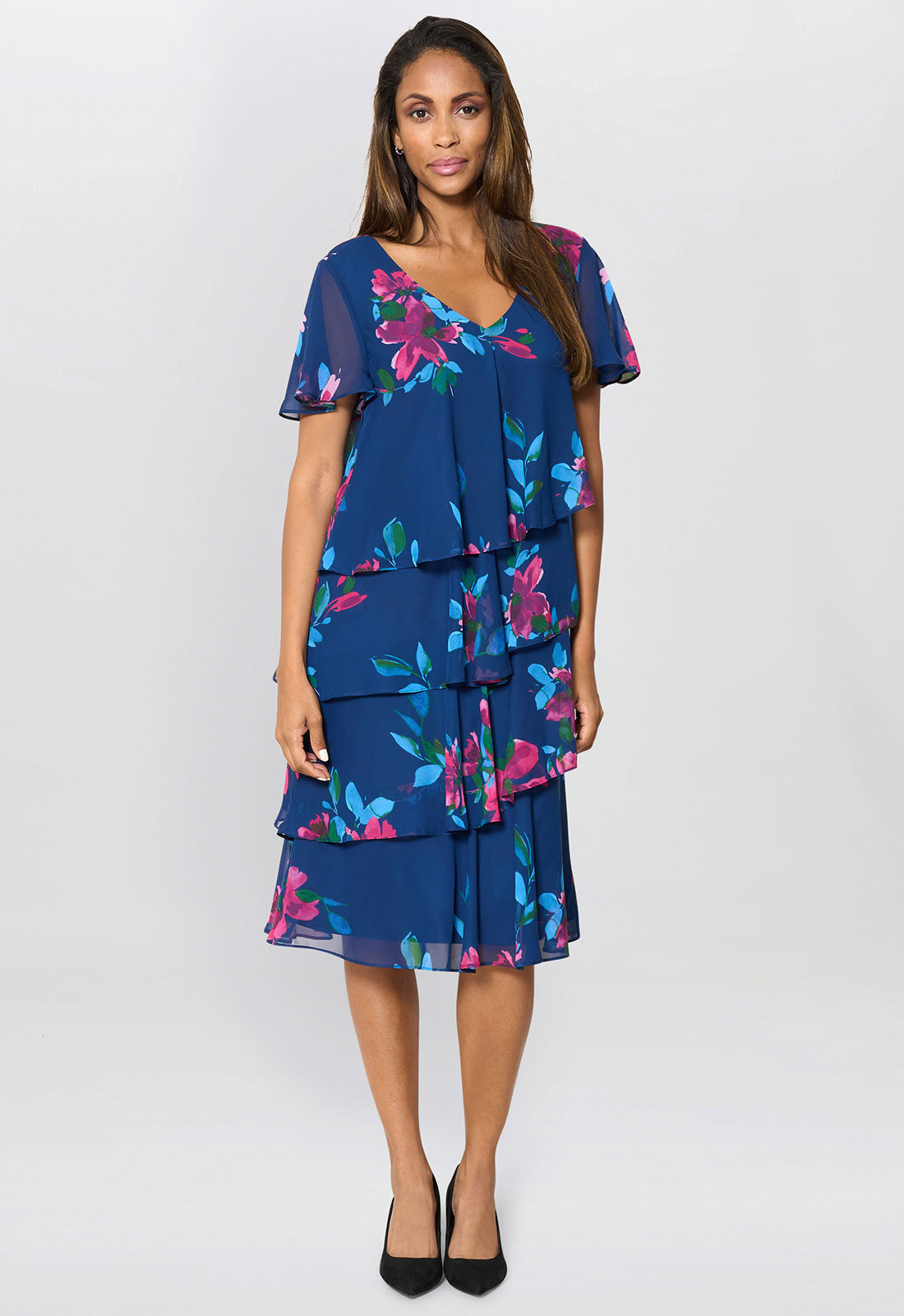 Gina Bacconi Navy / Multi Talie Tiered Floral Chiffon Dress