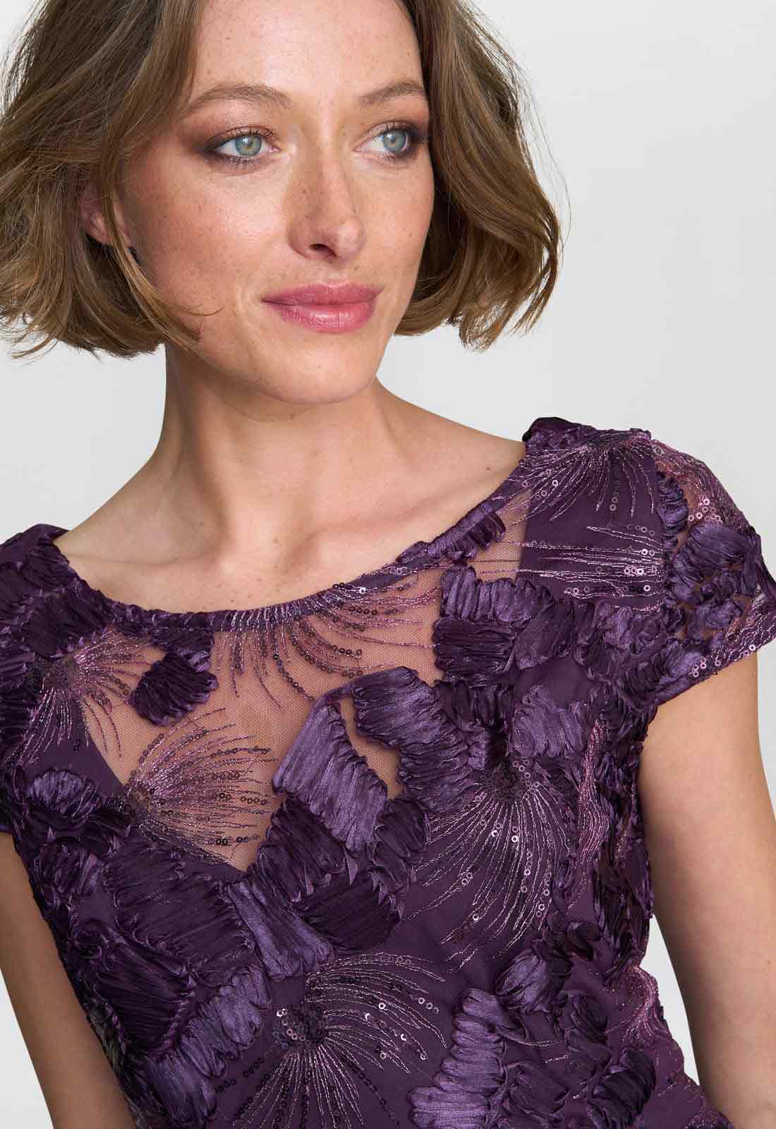 Gina Bacconi Eggplant Abella Illusion Jewel Floral Dress