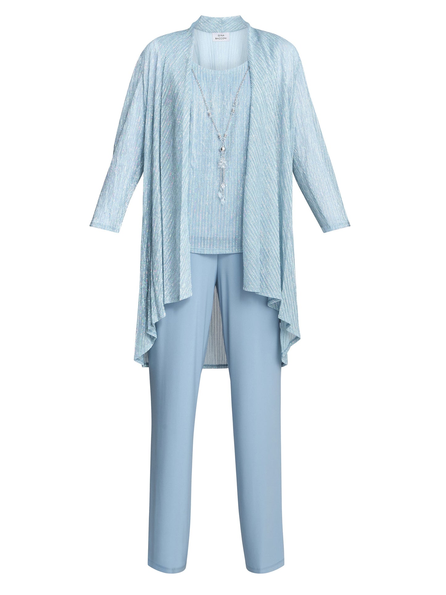 Gina Bacconi Blue Tina Three Piece Metallic Crinkle Trouser Suit