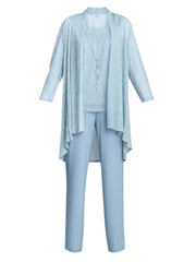 Gina Bacconi Blue Tina Three Piece Metallic Crinkle Trouser Suit
