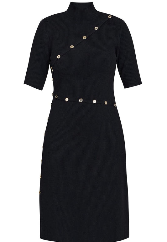 Gina Bacconi Black / Gold Vickie Button Detail Knit Dress