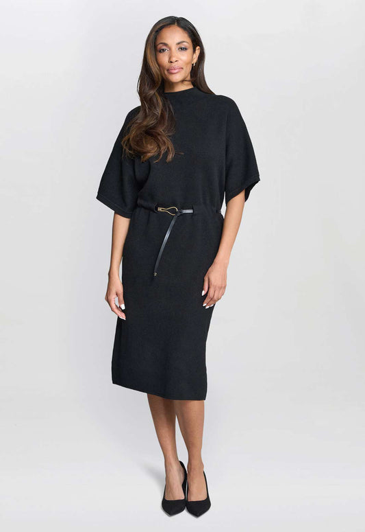 Gina Bacconi Black Alaura Belted Knit Midi Dress