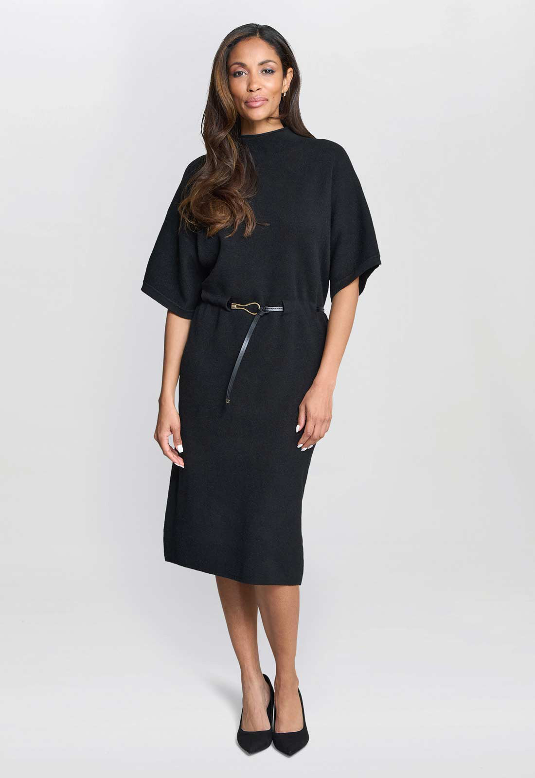 Gina Bacconi Black Alaura Belted Knit Midi Dress