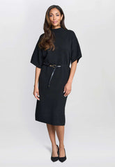 Gina Bacconi Black Alaura Belted Knit Midi Dress