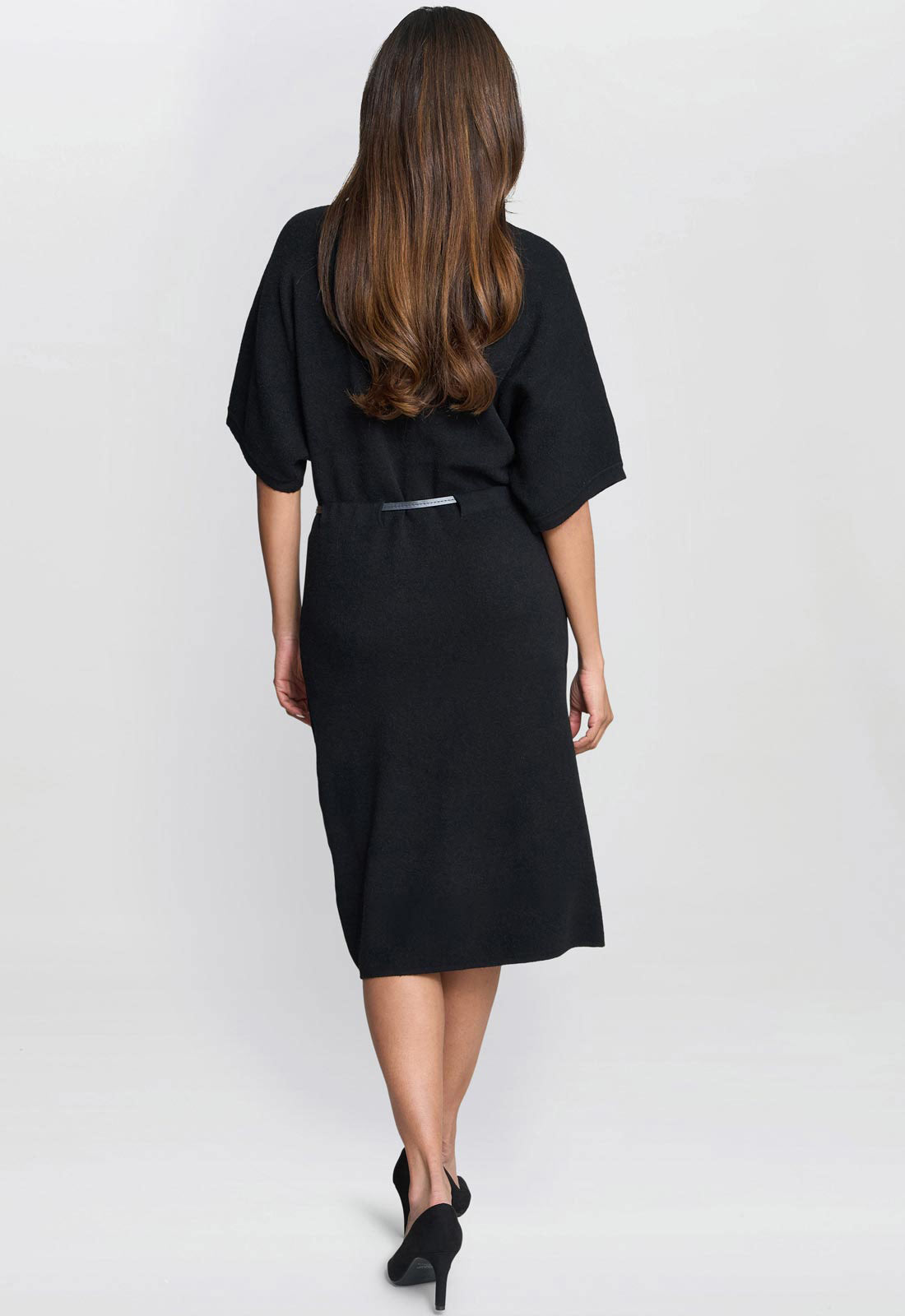 Gina Bacconi Black Alaura Belted Knit Midi Dress