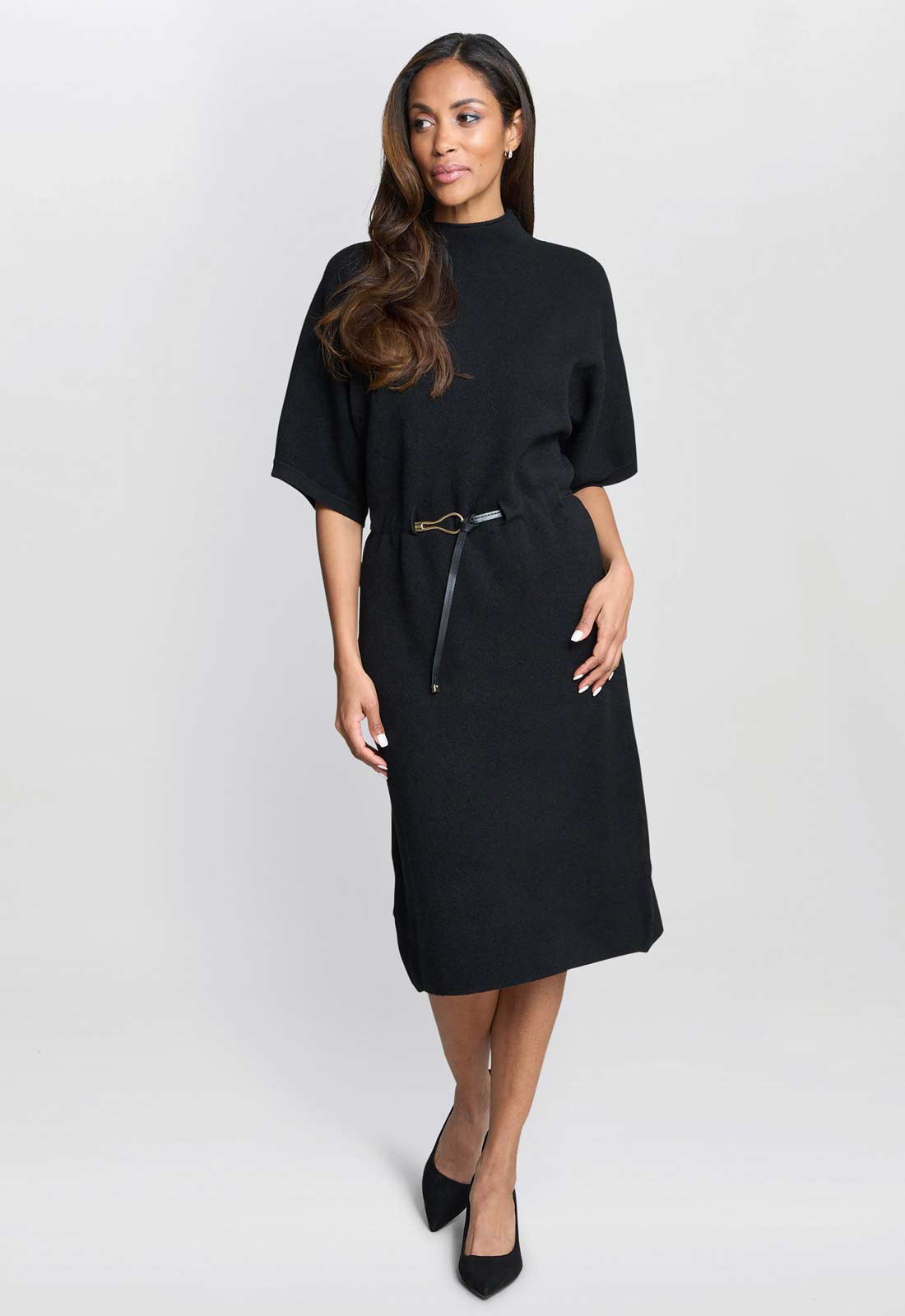 Gina Bacconi Black Alaura Belted Knit Midi Dress