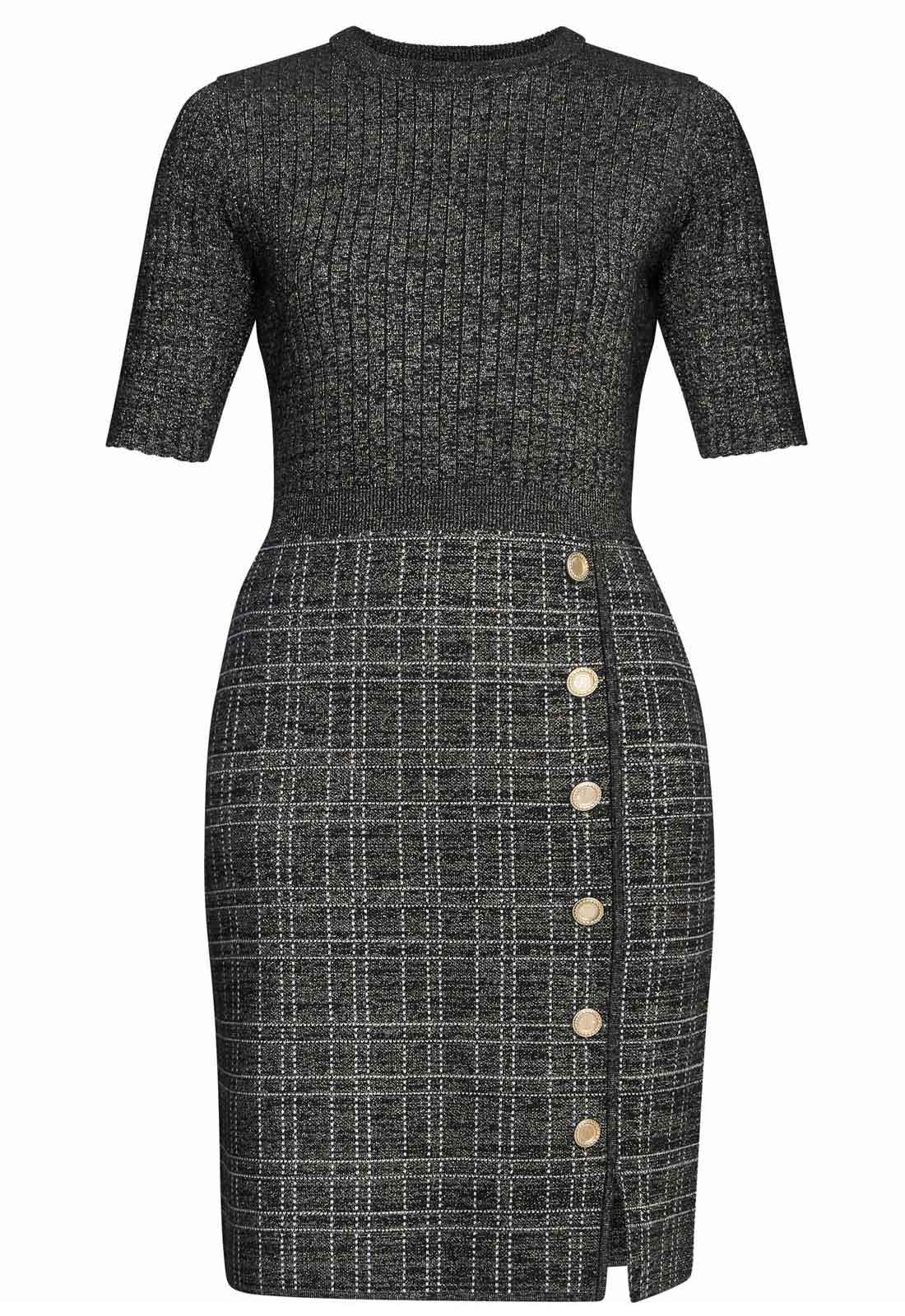 Gina Bacconi Black / Gold Antonella Button Detail Knit Dress