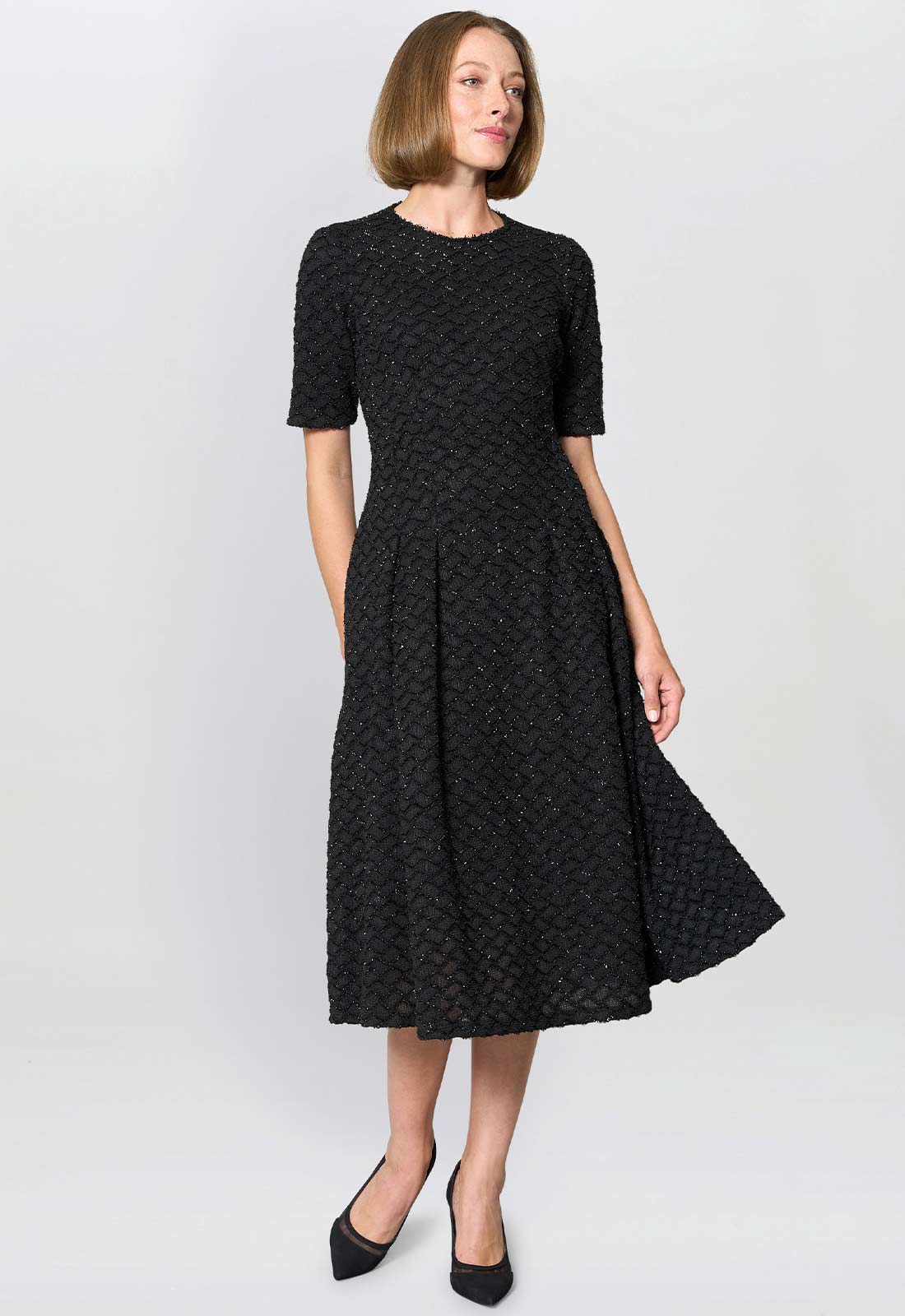 Gina Bacconi Black Charly Textured Fit And Flare Midi Dress