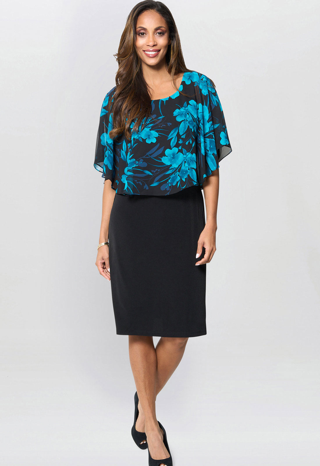 Gina Bacconi Blue / Teal Ashton Floral Chiffon Overlay Dress