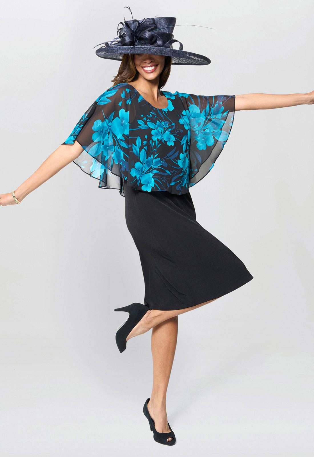 Gina Bacconi Blue / Teal Ashton Floral Chiffon Overlay Dress