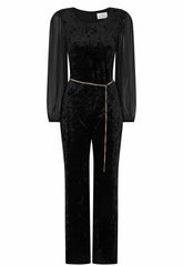 Gina Bacconi Black Alaska Velvet Jumpsuit With Sheer Sleeves