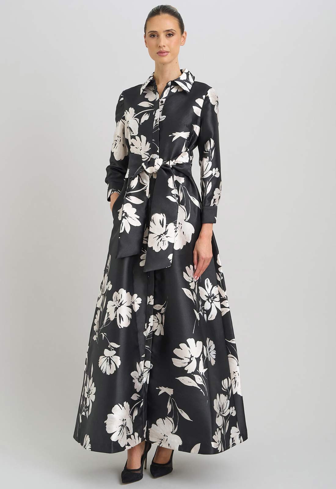 Gina Bacconi Black and White Steph Floral Belt Tie Maxi Dress