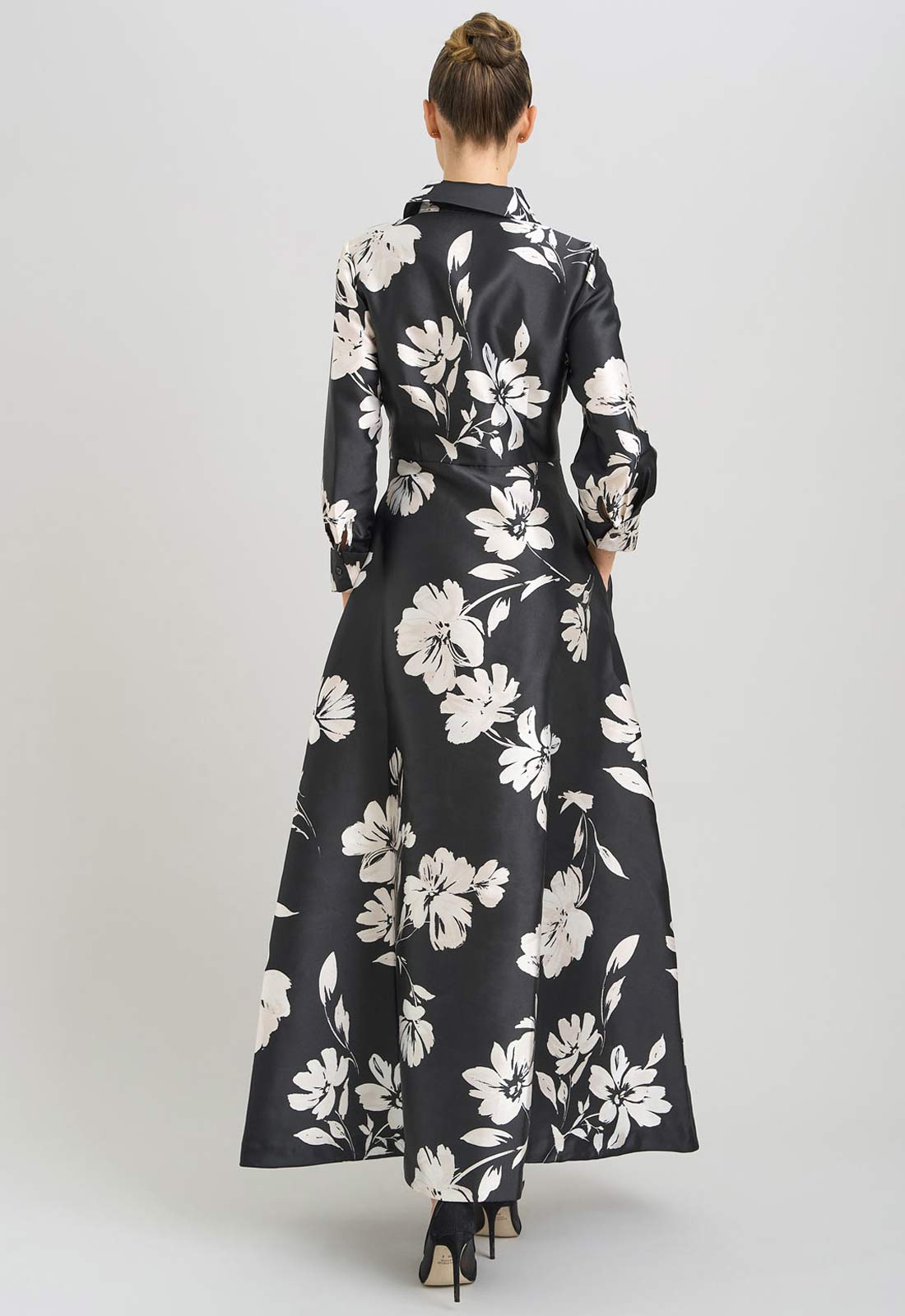 Gina Bacconi Black and White Steph Floral Belt Tie Maxi Dress