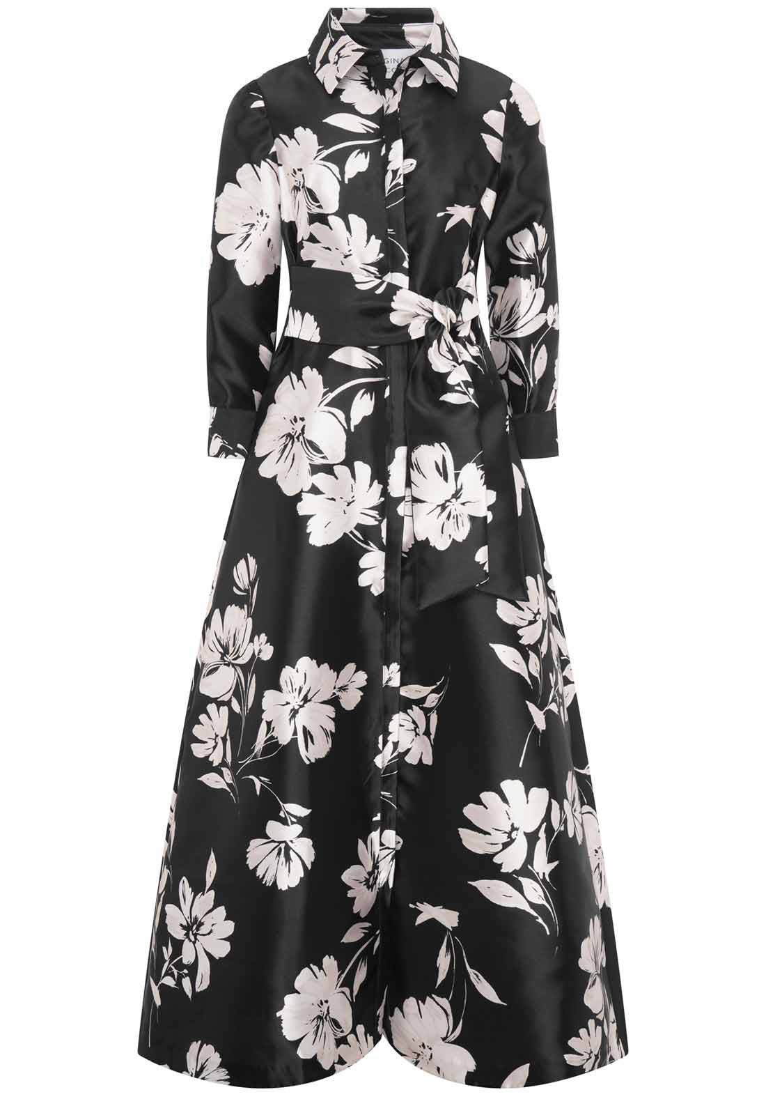 Gina Bacconi Black and White Steph Floral Belt Tie Maxi Dress