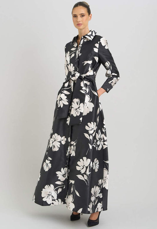 Gina Bacconi Black and White Steph Floral Belt Tie Maxi Dress
