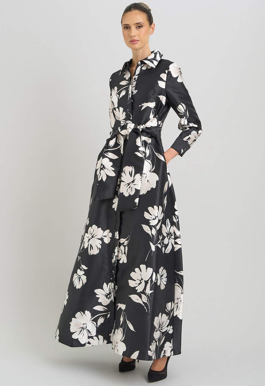 Gina Bacconi Black and White Steph Floral Belt Tie Maxi Dress