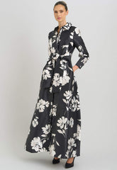 Gina Bacconi Black and White Steph Floral Belt Tie Maxi Dress
