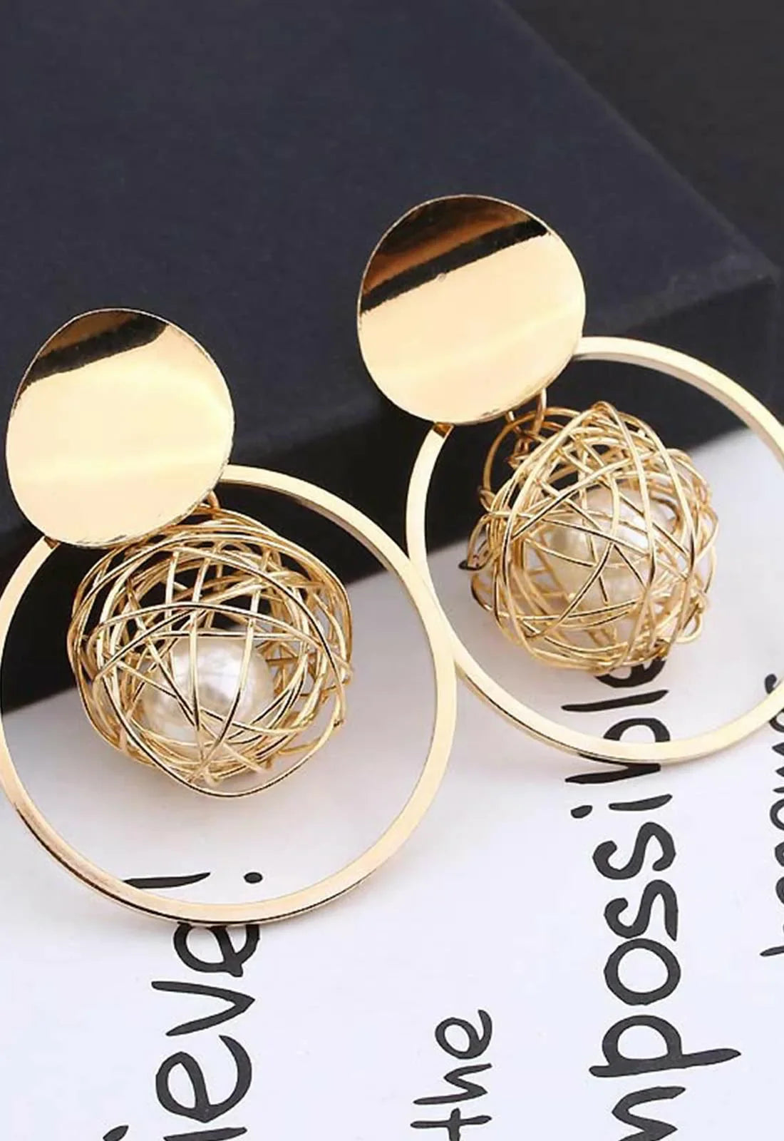 Always Chic Gold Pearl Cage Circle Earrings