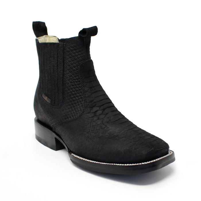 Bandoleros Black Imitation Python Print Square Toe Ankle Leather Boot
