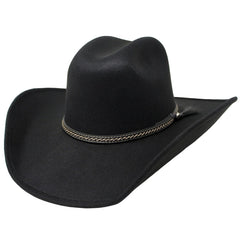 Black cowboy hat with a braided band on a white background