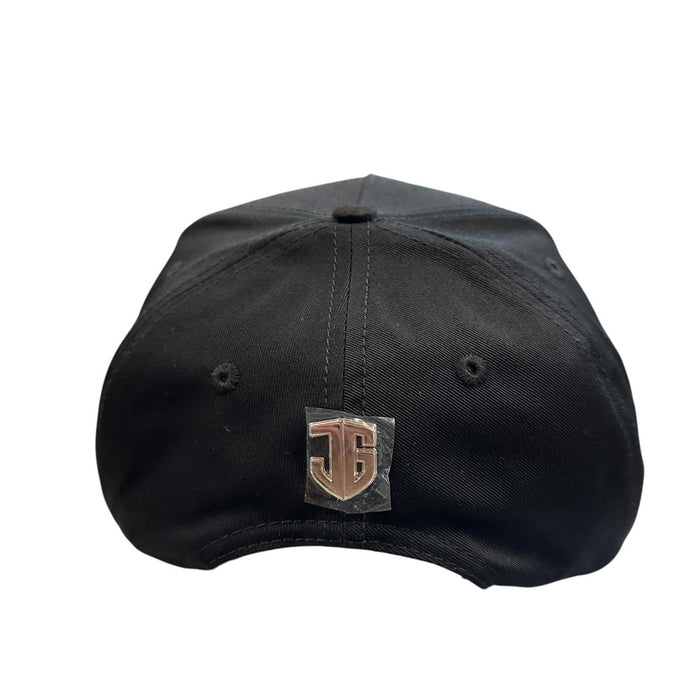 Back view of black JG Rancho snapback hat with metallic logo emblem