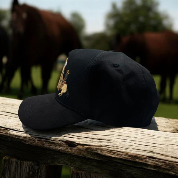 Side profile of JG Hats M Rodeo Rider Black snapback cap showing structured crown and premium construction.