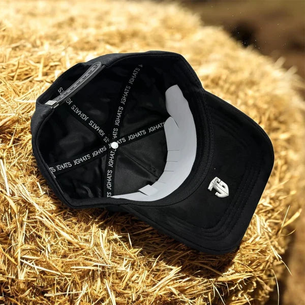 Interior view of the JG Hats M Rodeo Rider Black snapback featuring adjustable snapback closure, premium sweatband, and branded interior taping.