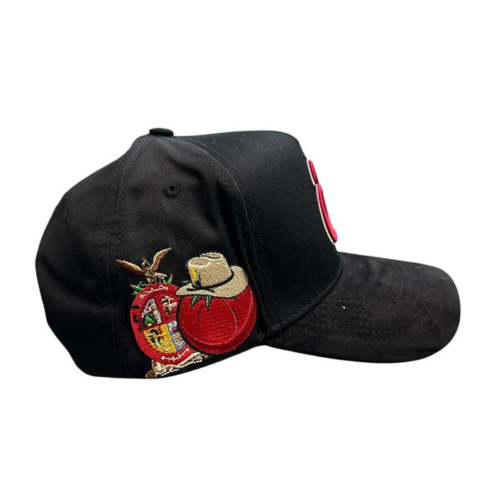 Black baseball streetwear snapback hat featuring tomato and cowboy-inspired embroidery