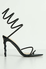Curly Diamante Embellished Spiral Ankle Strap Sandals in Black Diamante