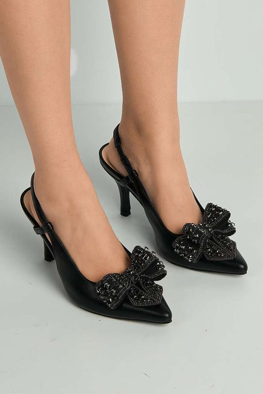 Celia Diamante Bow Pointed Toe Slingback Court Shoes in Black