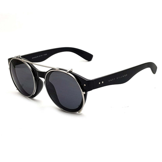 East Village 'Brawler' Round Sunglasses Black And Metal With Solid Smoke Lens