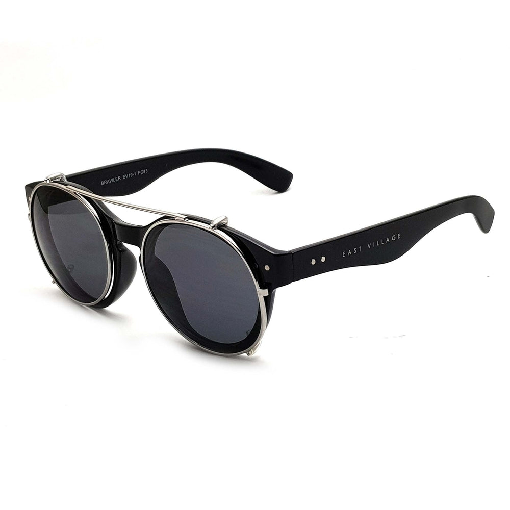 East Village 'Brawler' Round Sunglasses Black And Metal With Solid Smoke Lens
